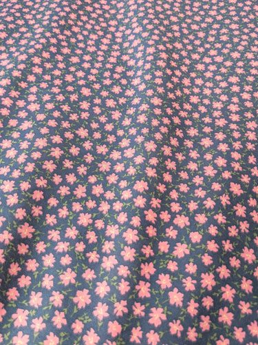 Blue Poly Cotton Fabric, Pink Flower Garden Fabric, Floral Fabric